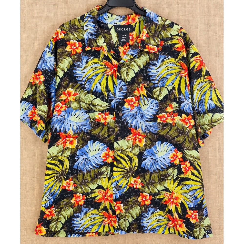 George Mens 3XL Hawaiian Shirt Tropical Floral Rayon Button Up Multicolor 54-56